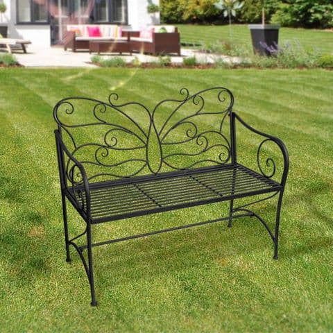 Black Metal Butterfly Garden Bench - Black Ornate Wroght Metal Butterfly Bench