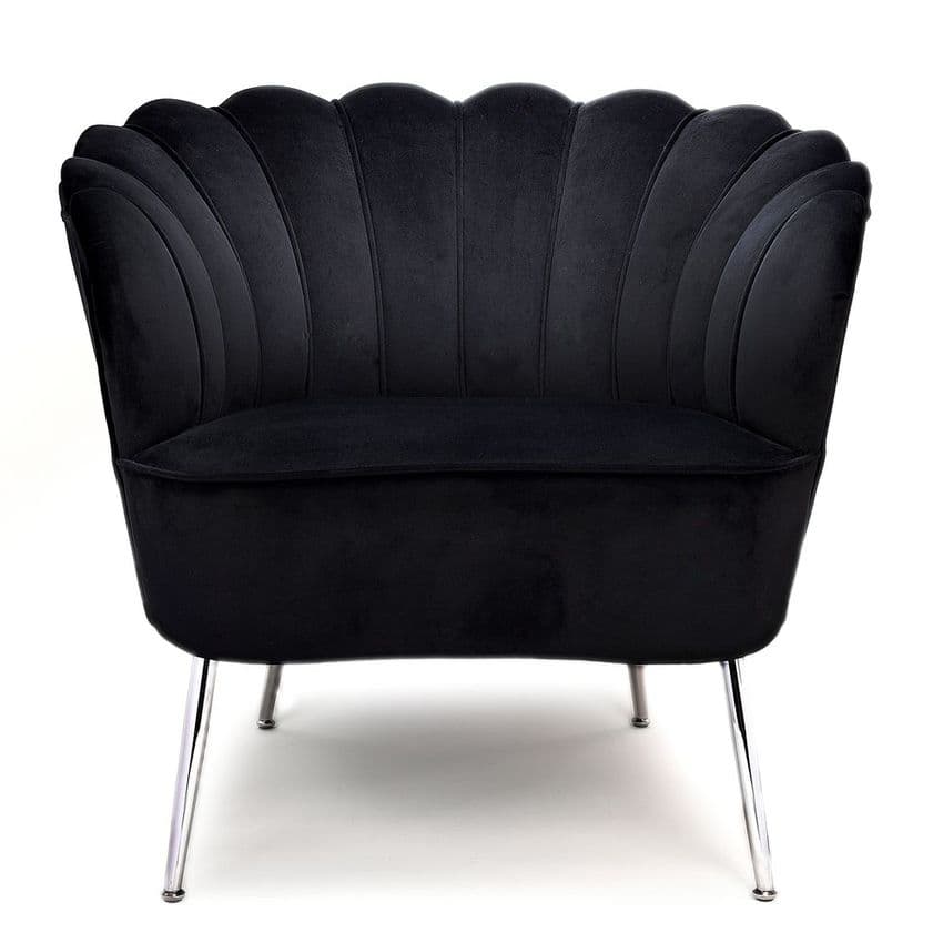 Black Velvet Scalloped Back Tulip Design Cocktail Chair - Black Velvet Ocassional  Retro Tub Chair with chrome legs