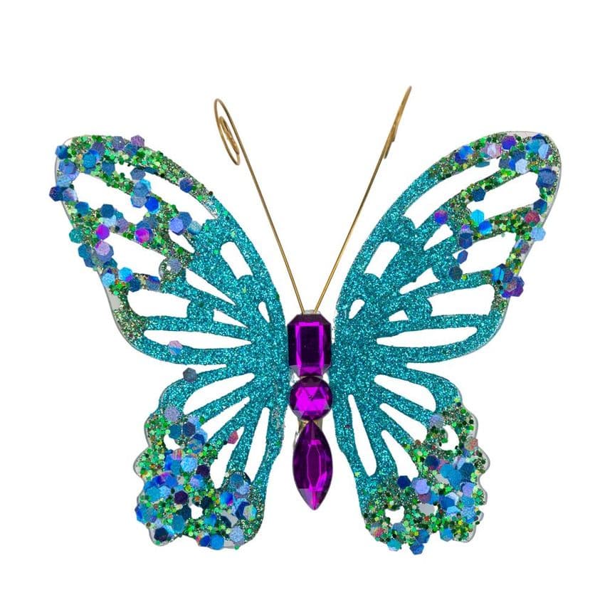 Blue and Purple Christmas Butterfly Clip On Decorations with glitter and gemstones