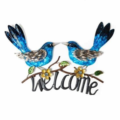 Blue Birds Welcome Metal Wall Art Sculpture Ornament For Home and Garden