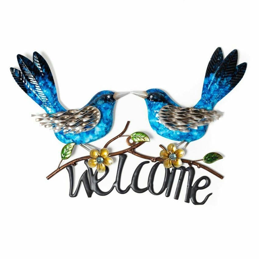 Blue Bird Metal Wall Art Welcome Ornament For Home and Garden. Hand made colourful metal garden sculpture