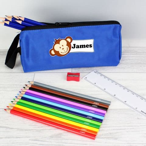 Blue Monkey Pencil Case with Personalised Pencils & Crayons Any Name