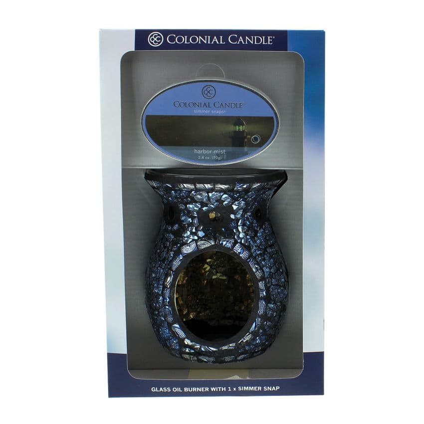 Blue Mosaic Glass Melt Warmer Oil Burner Gift Set With Harbor Mist Simmer Snaps By Colonial Candle