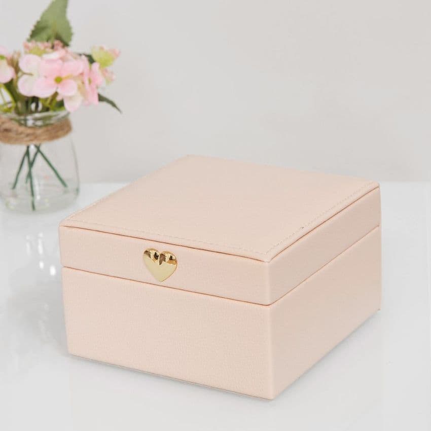 Pale Blush Pink Jewellery Box With Rose Gold Heart Clasp Small. Ladies Pink jewellery box gift.