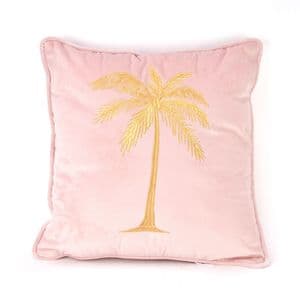 Blush Pink Velvet Cushion With Gold Palm Tree Embroidery