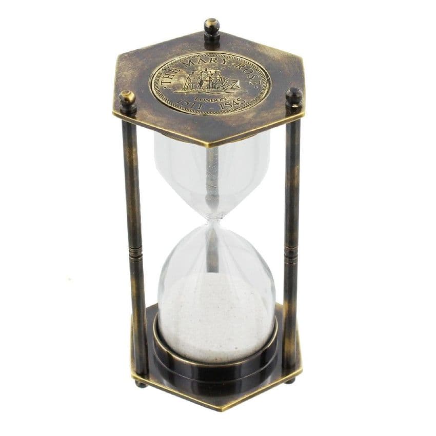 Brass replica antique hourglass gift for men - The Mary Rose brass hexagonal replica hourglass gift.