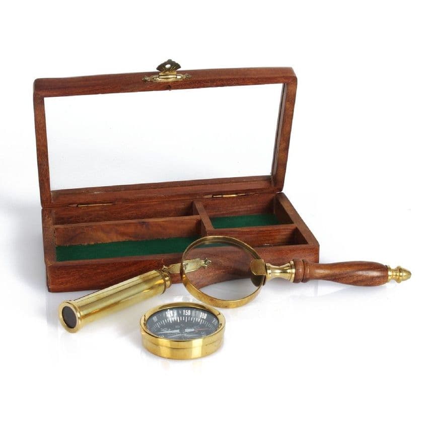 Brass Telescope, Compass and Magnifying Glass Retro Gift Set For Men. Unique cool Christmas and Birthday gift for men.