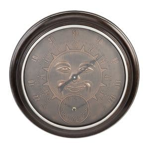 Bronze Effect Garden Thermometer and Wall Clock With Sun Design Face