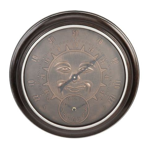 Bronze Effect Garden Thermometer and Wall Clock With Sun Design Face