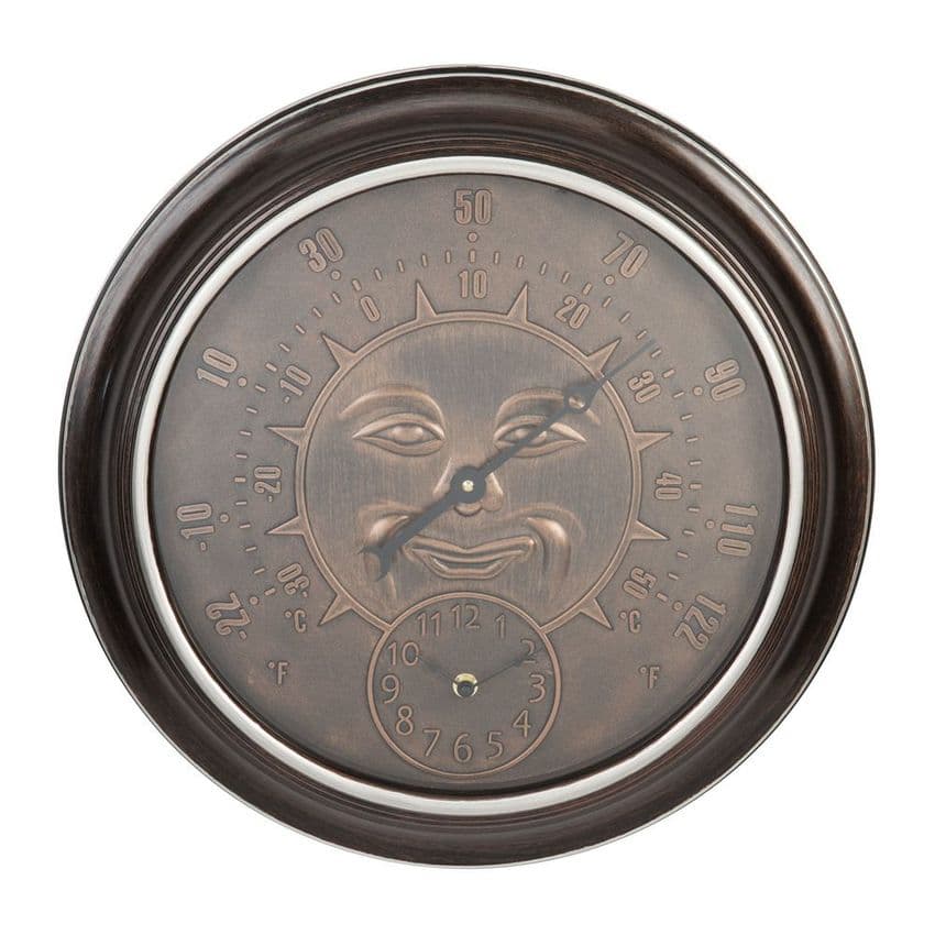 Bronze Effect Garden Thermometer and Wall Clock With Sun Design Face