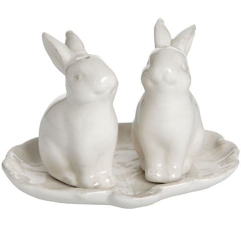 Bunny Rabbit Salt and Pepper Set - White Country Farmhouse Rabbit Shape Salt and Pepper Pots