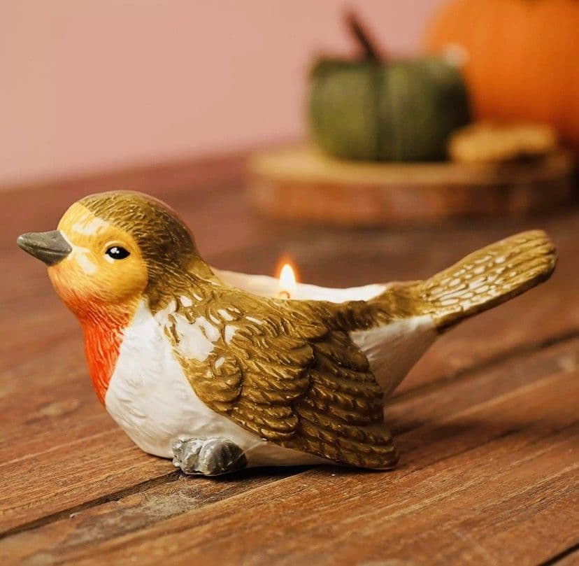 Ceramic Christmas Robin Redbreast Tealight Holder | Hand Painted Candle Holder UK