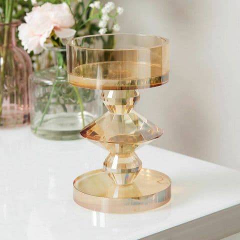 Champagne Coloured Cut Glass Pillar Candle Holder