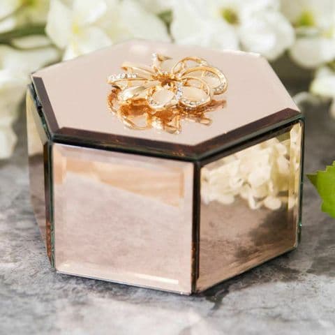 Champagne Mirror Glass Hexagonal Trinket Jewellery Box With Crystal Flower