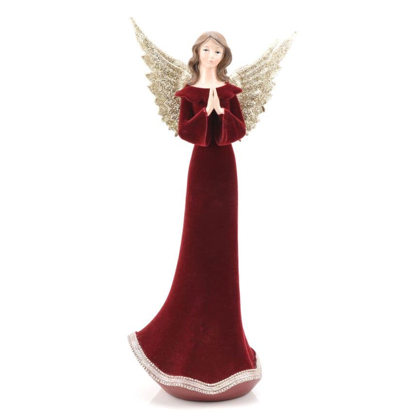 Christmas Angel In Red Velvet Gown With Golden Glitter Wings Figurine Ornament 36cm