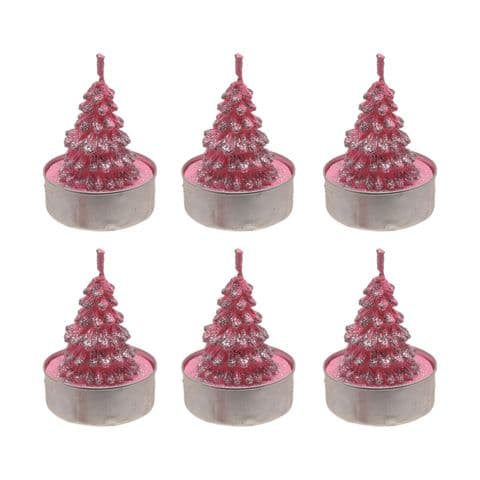 Christmas Candle Tea Lights Set Of 6 Pink Glitter Christmas Tree shaped candles (1)