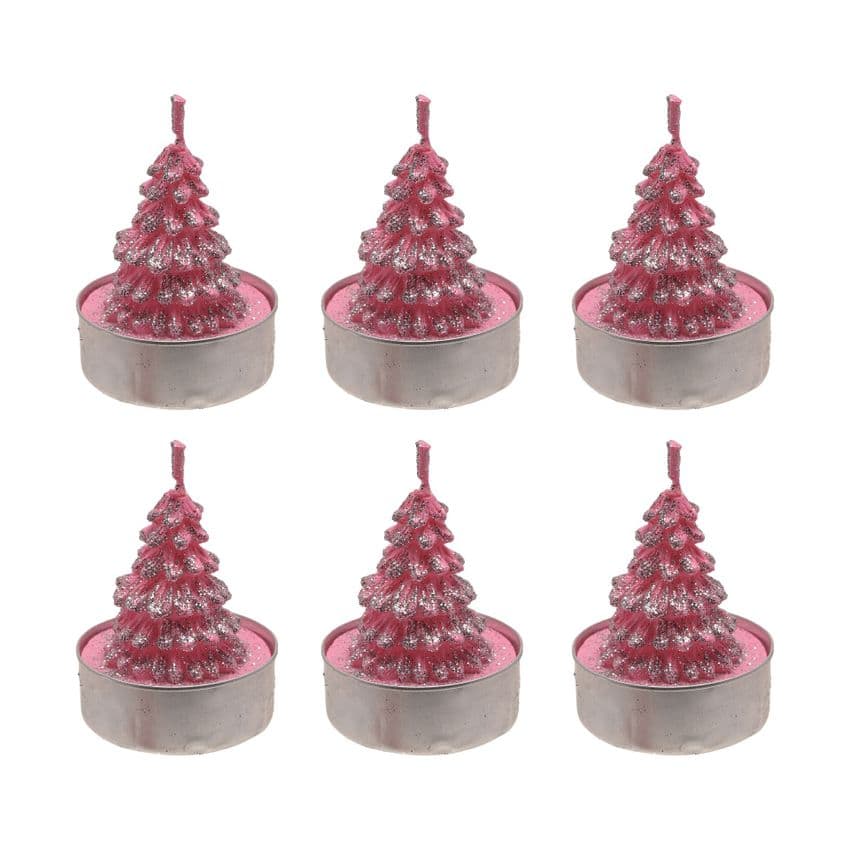 Pink Christmas tree shaped candles Tea Lights Set Of 6 - Pink christmas tree shaped candles gift