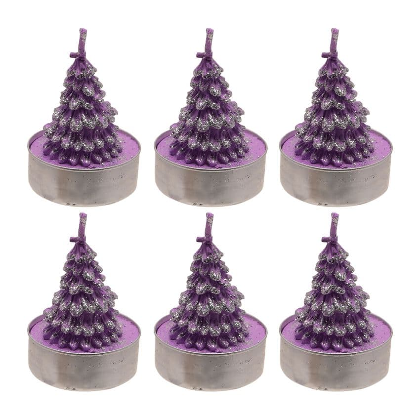 Purple Christmas tree shaped candles Tea Lights Set Of 6 - Purple christmas tree shaped candles gift