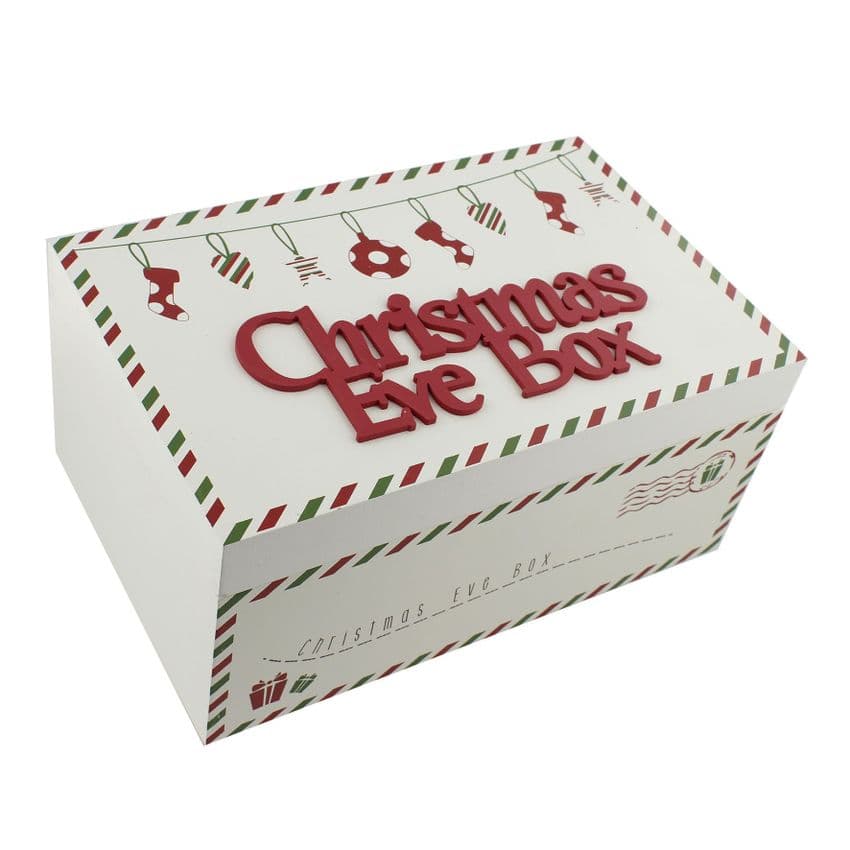 Christmas Eve Box - White Wooden Scandi style Christmas Eve Box With Red and Green Festive Decoration
