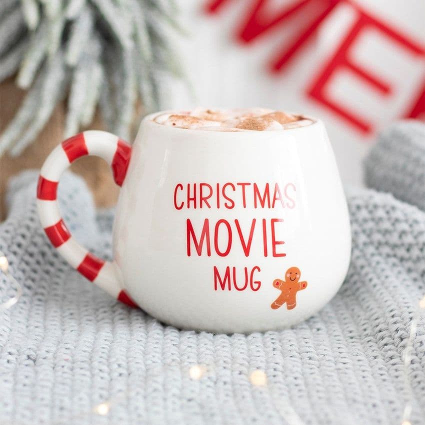 Christmas Movie Mug Gift With Gingerbread Man and red white candy cane handle