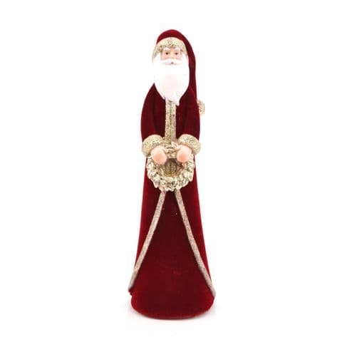 Christmas Santa In Red Velvet Coat With Golden Glitter Trim Figurine Ornament 25cm