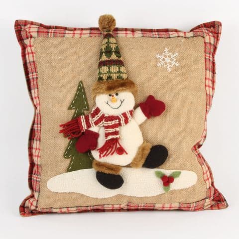 Christmas Snowman Cushion Jute Tartan Burlap Craft Cushion for Christmas