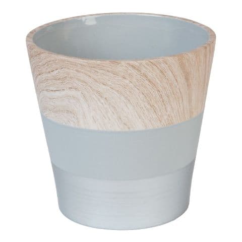 Concrete Grey and Wood Effect Ceramic Planter 17cm x 18cm Diameter
