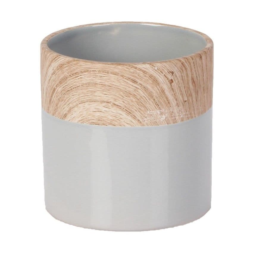 Concrete Grey and Wood Effect Small Ceramic Planter 11cm x 11.5cm Diameter.  Perfect for  small house plants, cacti and succulents.