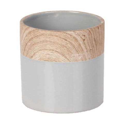 Concrete Grey and Wood Effect Small Ceramic Planter 11cm High x 11.5cm diameter
