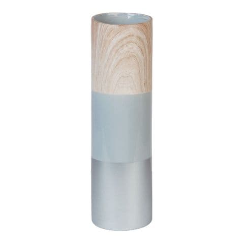 Concrete Grey and Wood Effect Tall Ceramic Cylinder Vase 40cm Home Ornament