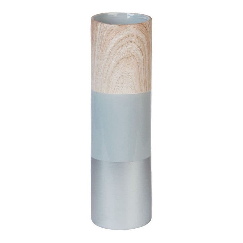 Concrete Grey and Wood Effect Tall Ceramic Cylinder Vase Home Decoration ornament