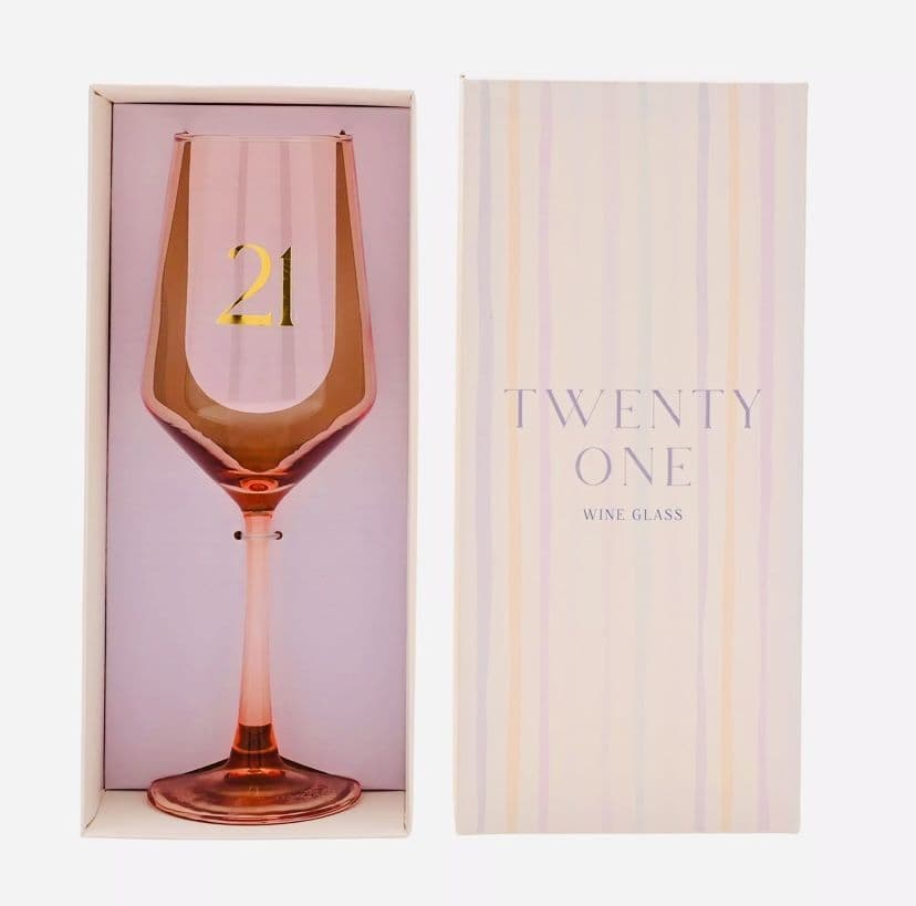 Confetti peach coloured 21st Birthday Wine Glass in matching gift box gift