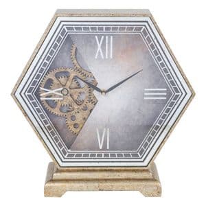 Contemporary Hexagonal Mantel Clock With Moving Cogs