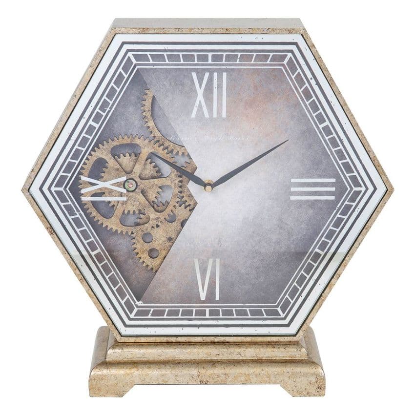 Contemporary large Hexagonal Mantel Clock With Moving Cogs an unusual striking statement clock for your home measures 40cm