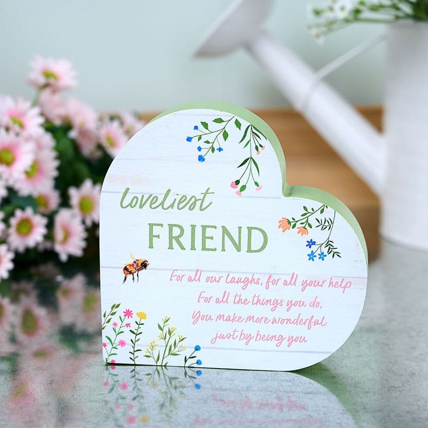 Cottage Garden Wild Flower and Bee Design Wooden Heart Plaque - Friend - heartfelt keepsake gift for special friend