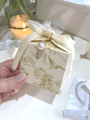 Cream and Green Bird Design personalised Table Gift Favour With Velvet ribbon and Choice Of Contents