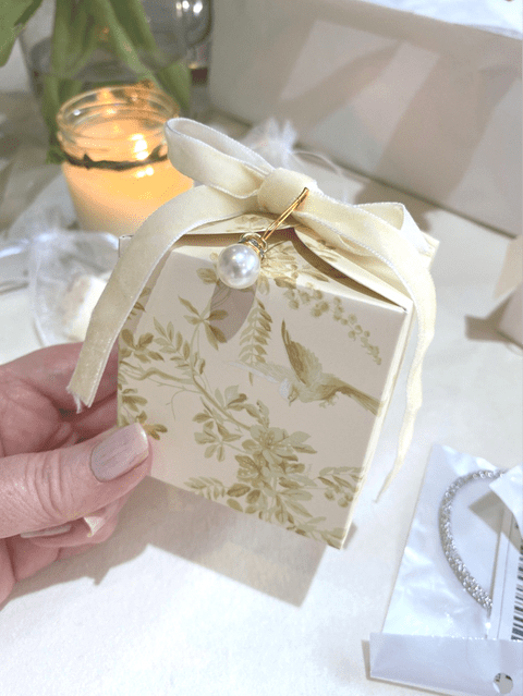 Cream and Green Bird Design personalised Table Gift Favour With Velvet ribbon and Choice Of Contents