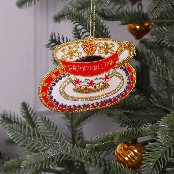 Velvet Hand Embellished Hanging Royal Cup and Saucer Tree Decoration