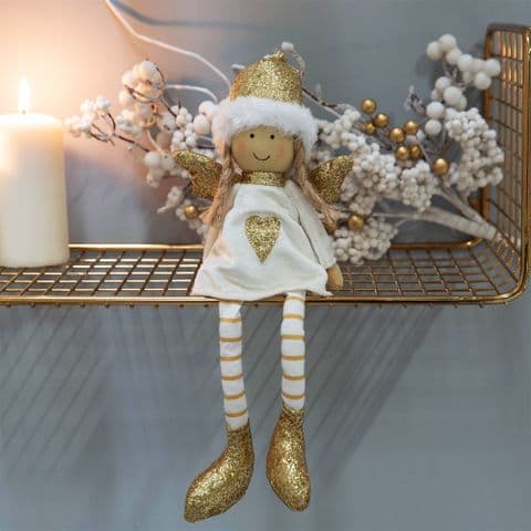 Cute White and Gold Christmas Angel Shelf Sitting Ornament Decoration