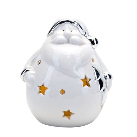 Cute White LED Light Up Santa With Silver Trim