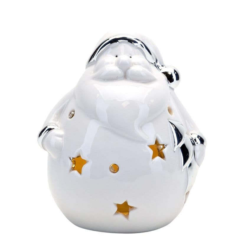 Cute White LED Light Up Santa With Silver Trim Christmas ornament and night light decoration