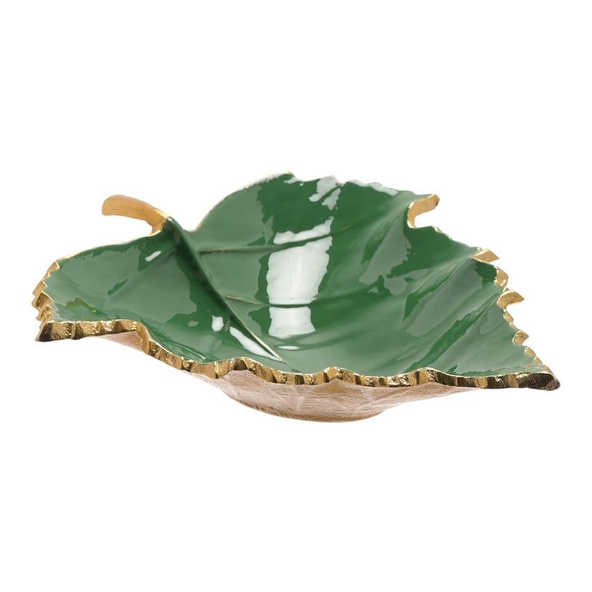 Dark Green and gold Christmas display Leaf shape bowl dish with Gold Edging