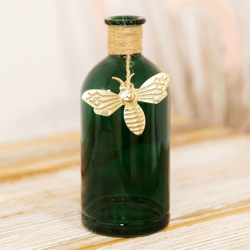 Dark Green Glass Vase With Gold Bee Charm perfect for your botanical home decor