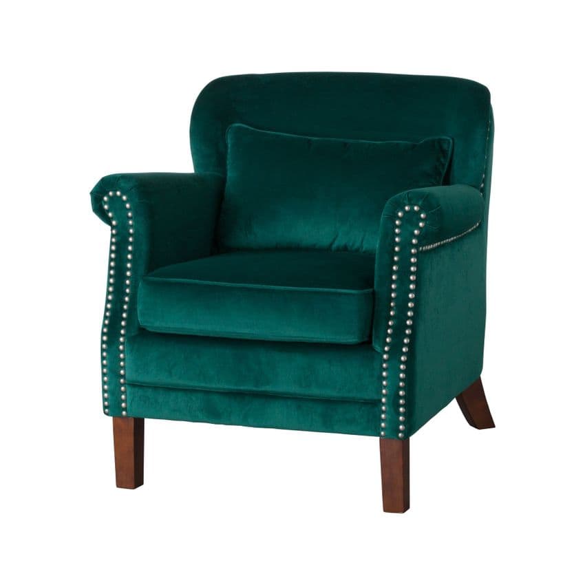 Dark Green Velvet Armchair - Emerald Green Club Armchair with studs