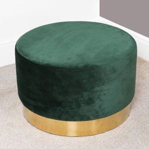 Dark Green Velvet Round Footstool With Gold Trim