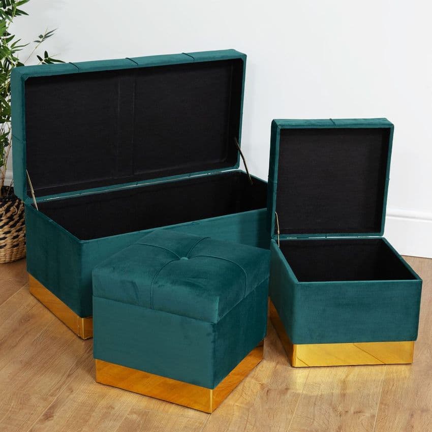 Dark Green Velvet Storage Ottoman Set Of 3 Pretty Upholstered Home Storage Chests & Stools. Perfect for bedding, linen and towels.