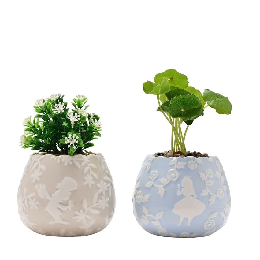 Disney Alice In Wonderland set of 2 mini plant pots with everlasting realistic faux plants, whimsical fantasy home accessory gift for Disney fans
