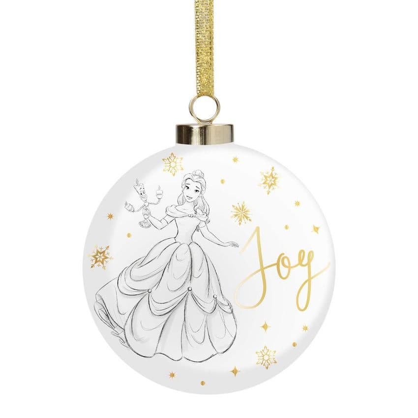 Disney Belle Luxury Ceramic Christmas Bauble Collectable Gift. White Gold Large Disney Christmas Tree Bauble. Belle from Beauty and the Beast.