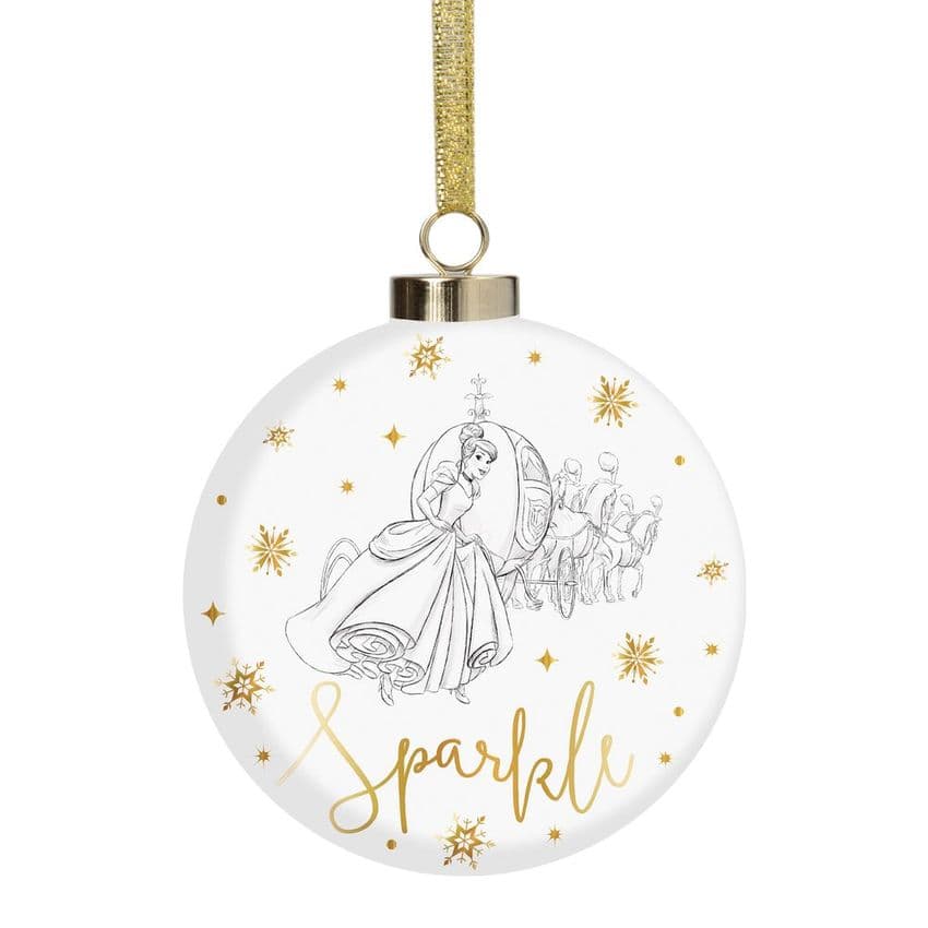 Disney Cinderella Luxury Ceramic Christmas Bauble Collectable Gift. White Gold Large Disney Christmas Tree Bauble