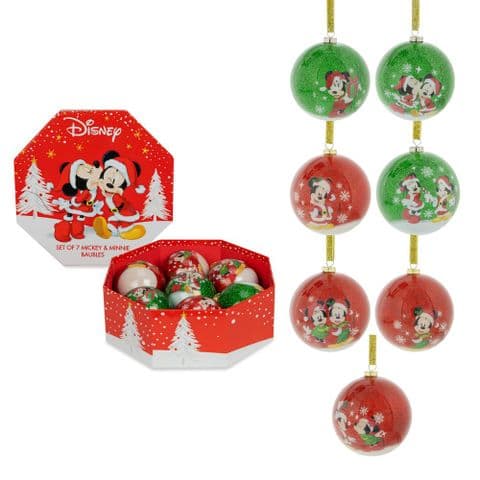 Disney Mickey & Minnie Set Of 7 Red and Green Christmas Baubles